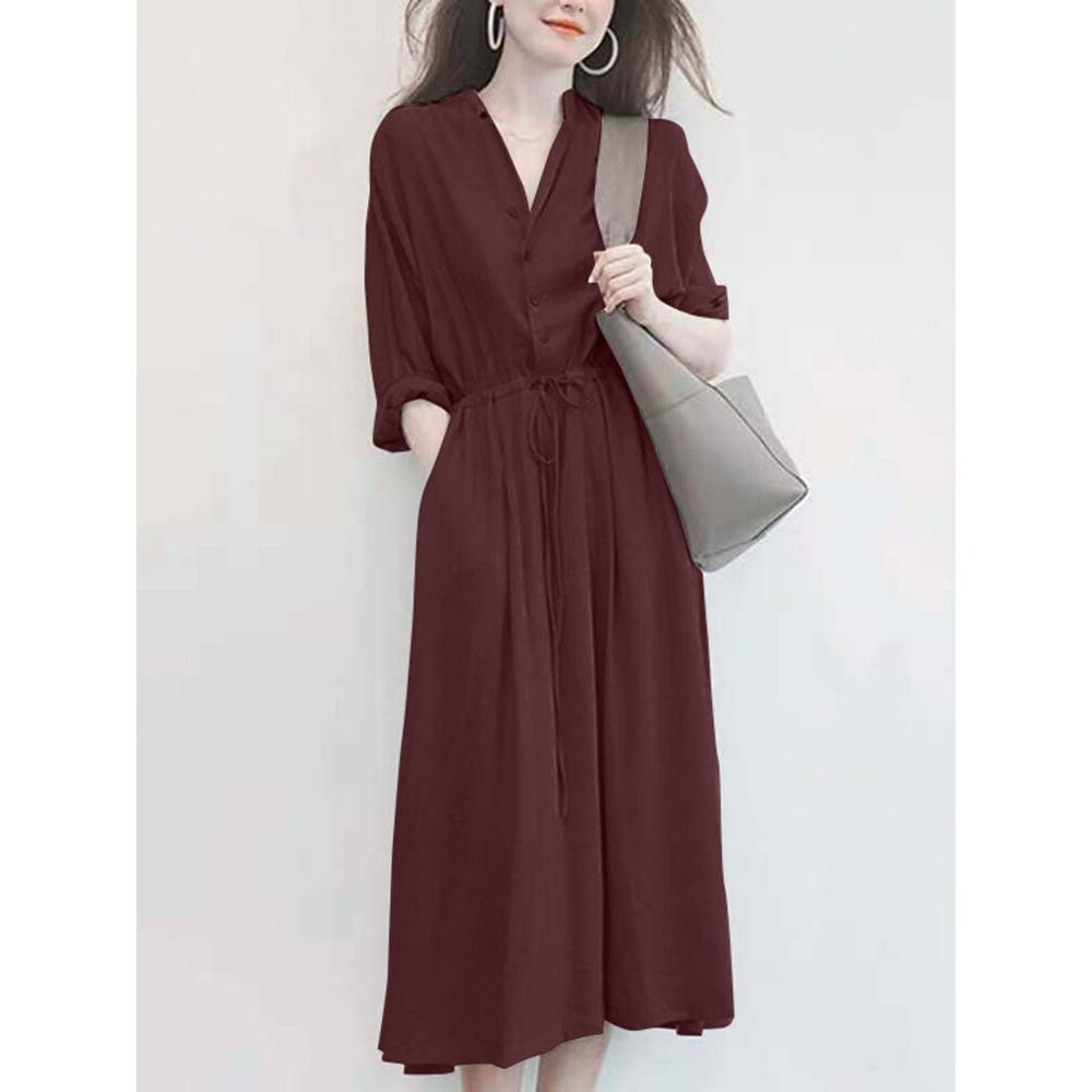 Solid Drawstring Waist Pocket Button Stand Collar Dress Solid Drawstring Waist Pocket Button Stand Collar Dress