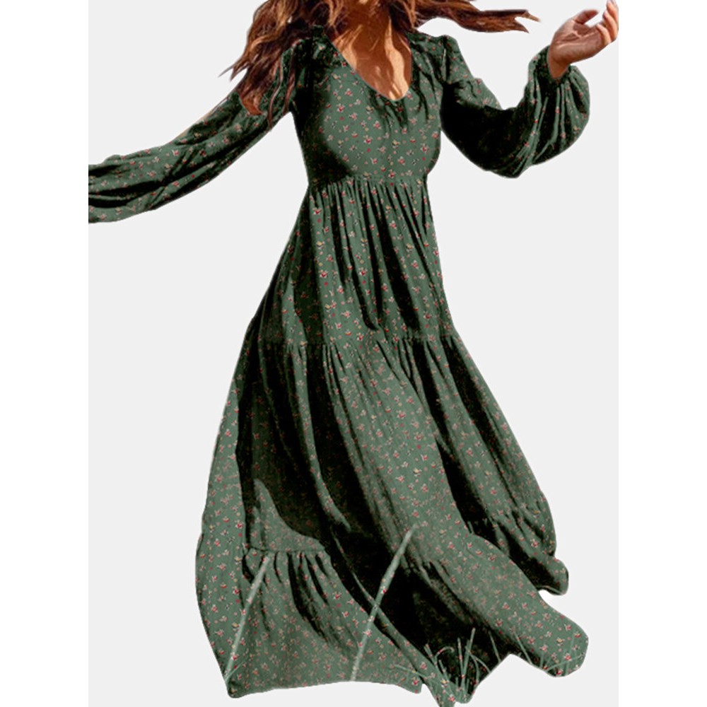 Floral Print Long Sleeves V-neck Casual Dress For Women Floral Print Long Sleeves V-neck Casual Dress For Women