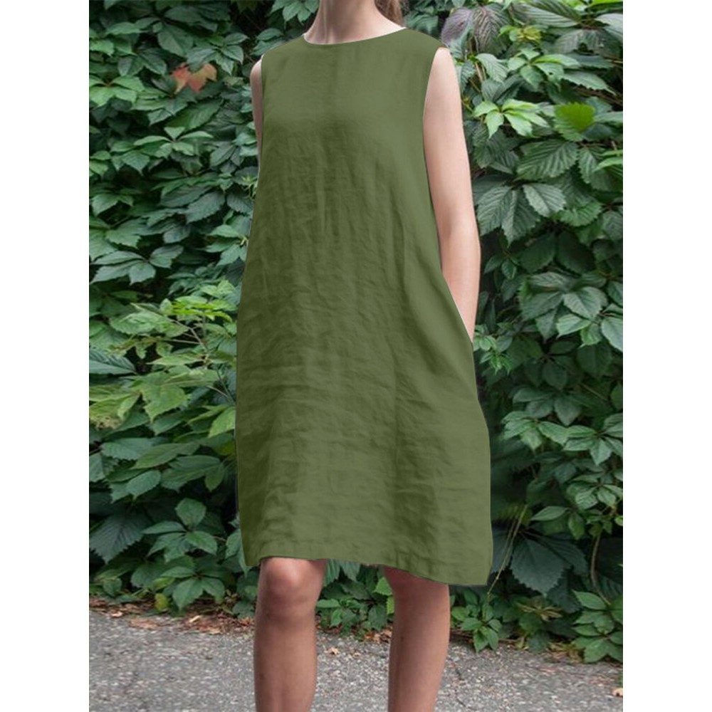 Women Solid Crew Neck Casual Sleeveless Dress With Pocket Women Solid Crew Neck Casual Sleeveless Dress With Pocket