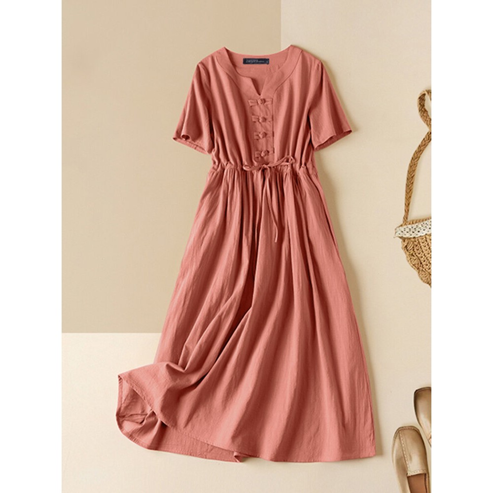Women Solid Notched Neck Frog Button Drawstring Waist Dress Women Solid Notched Neck Frog Button Drawstring Waist Dress