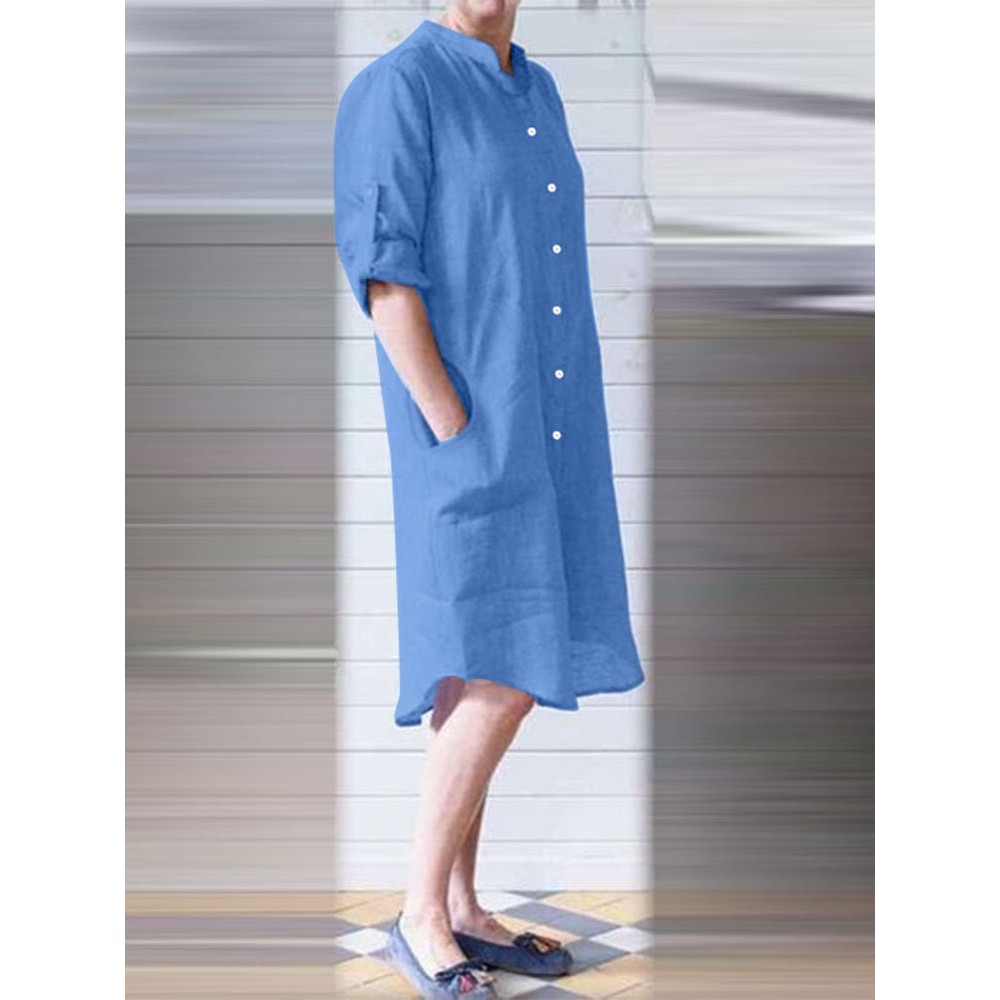 Women Solid Stand Collar Shirt Dress With Sleeve Tabs Women Solid Stand Collar Shirt Dress With Sleeve Tabs