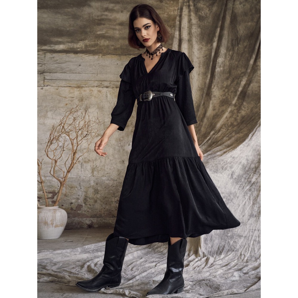 Solid V-neck Tiered 3/4 Sleeve Dress For Women Solid V-neck Tiered 3/4 Sleeve Dress For Women