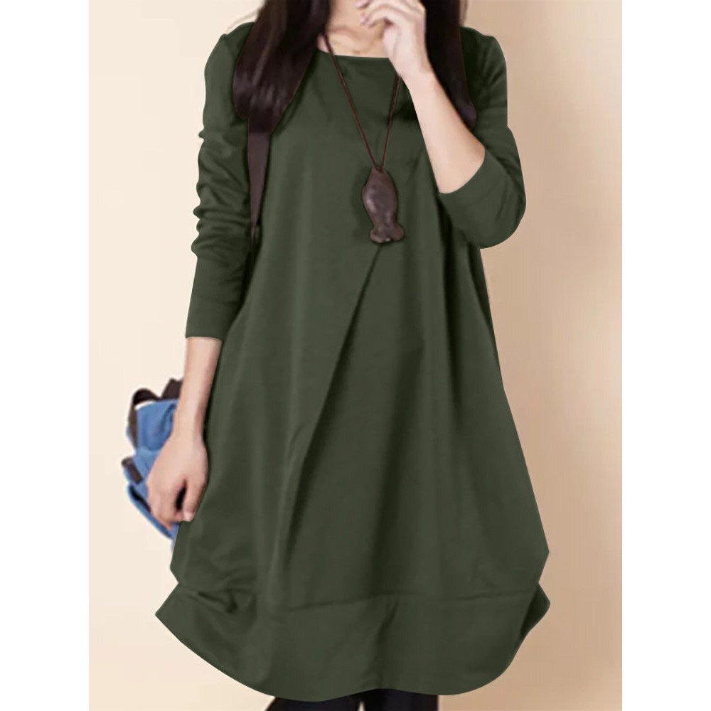 Women Solid Long Sleeve Crew Neck Casual Dress Women Solid Long Sleeve Crew Neck Casual Dress