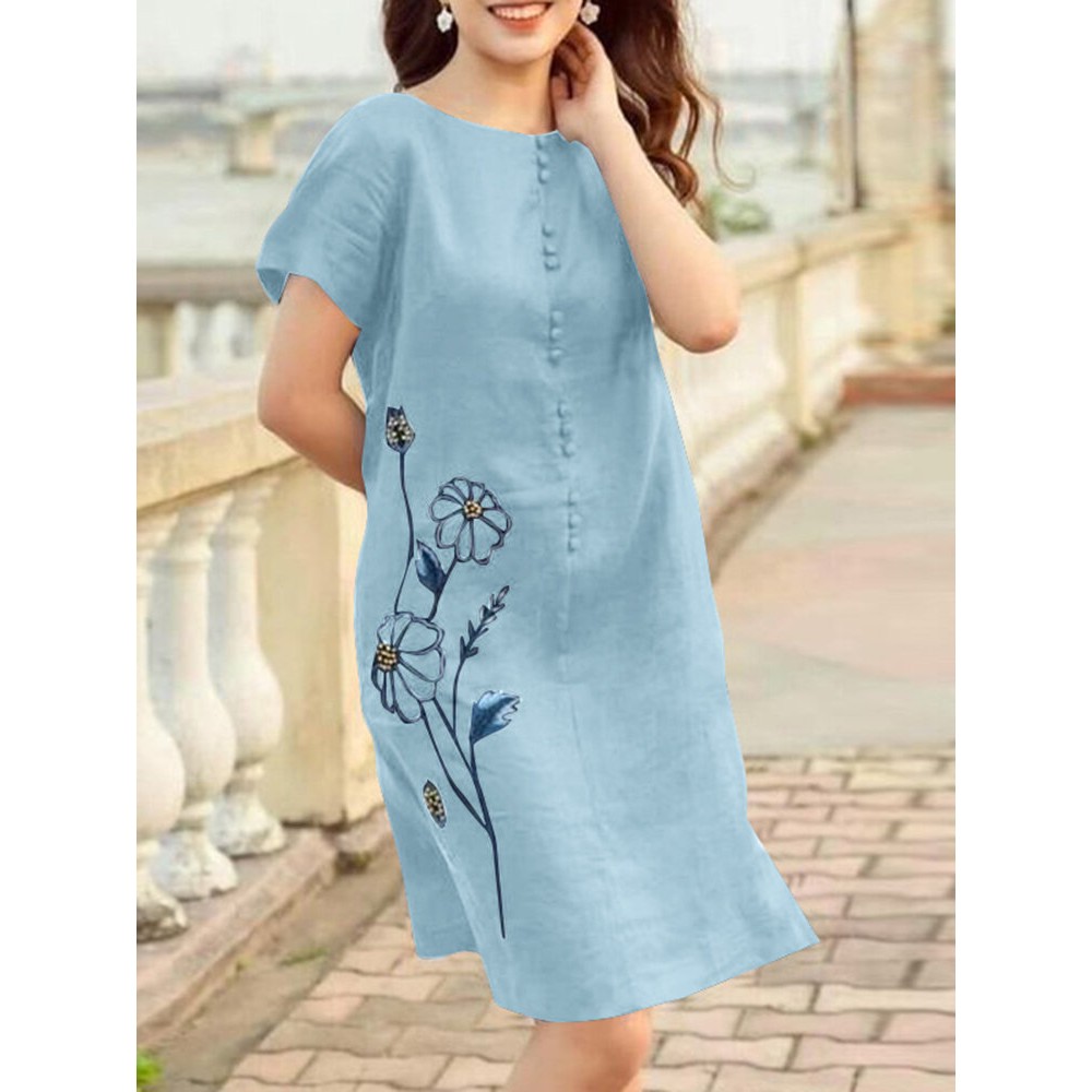 Women Floral Embroidered Crew Neck Casual Short Sleeve Dress Women Floral Embroidered Crew Neck Casual Short Sleeve Dress