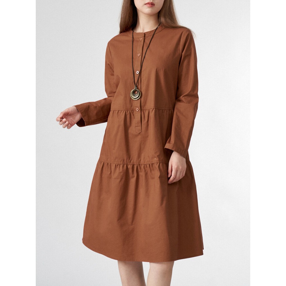 Solid Button Half Placket Long Sleeve Stand Collar Dress Solid Button Half Placket Long Sleeve Stand Collar Dress
