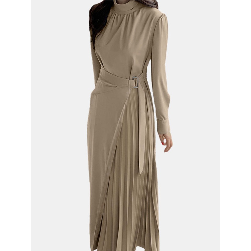 Solid Irregular Pleated Adjustable Belt Long Sleeve Dress Solid Irregular Pleated Adjustable Belt Long Sleeve Dress
