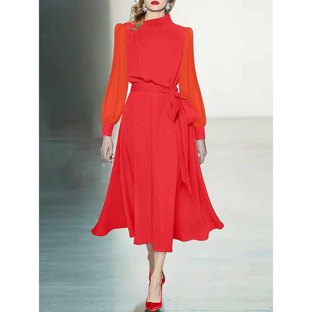 Contrast Puff Sleeve A-line Stand Collar Dress With Belt Contrast Puff Sleeve A-line Stand Collar Dress With Belt