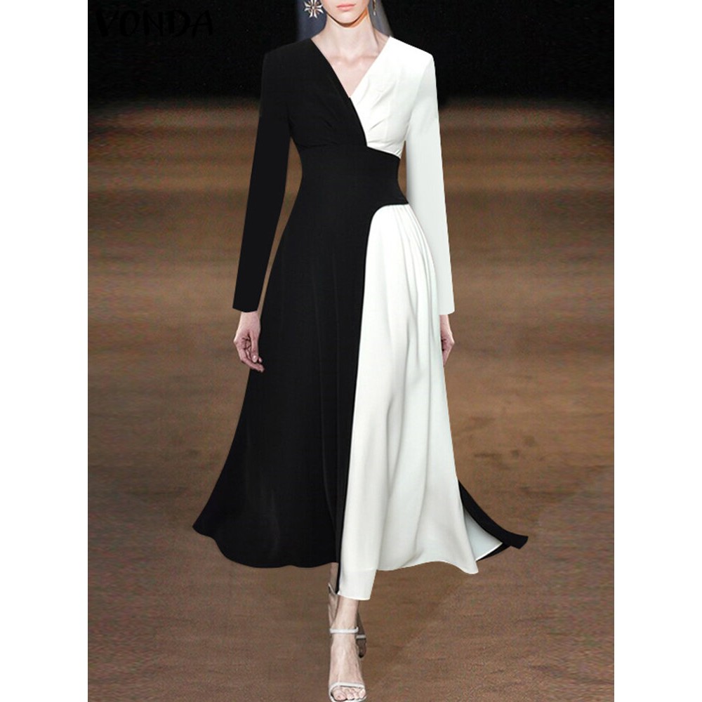 Contrast Long Sleeve A-line V-neck Dress For Women Contrast Long Sleeve A-line V-neck Dress For Women