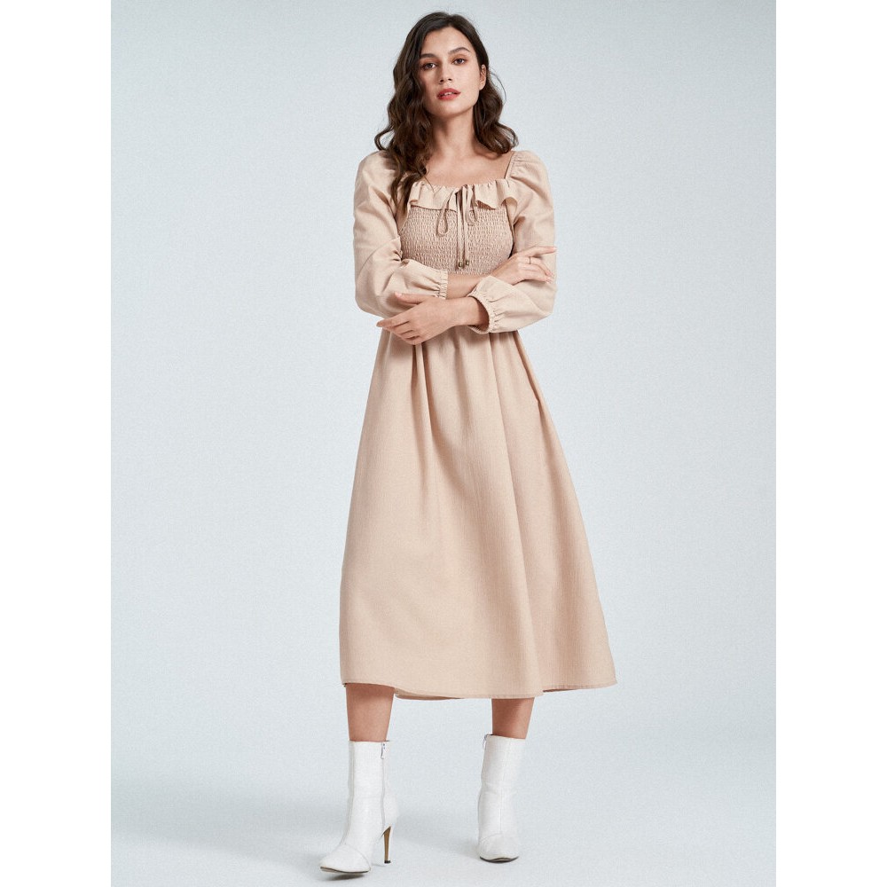 Solid Shirred Tie Front Long Sleeve Square Collar Dress Solid Shirred Tie Front Long Sleeve Square Collar Dress