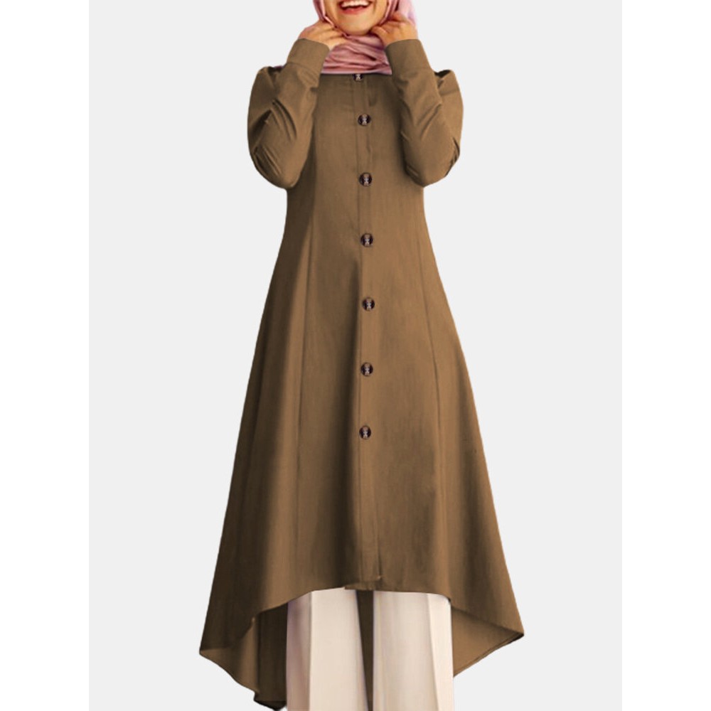 Solid Color Button Curved Hem Casual Muslim Dress for Women Solid Color Button Curved Hem Casual Muslim Dress for Women