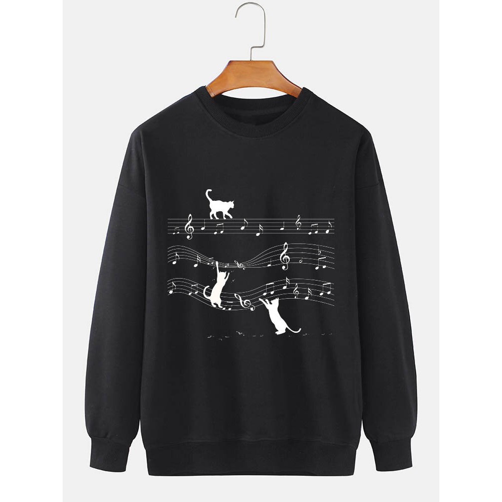 Mens Cat Music Note Print Crew Neck Pullover Sweatshirts Mens Cat Music Note Print Crew Neck Pullover Sweatshirts