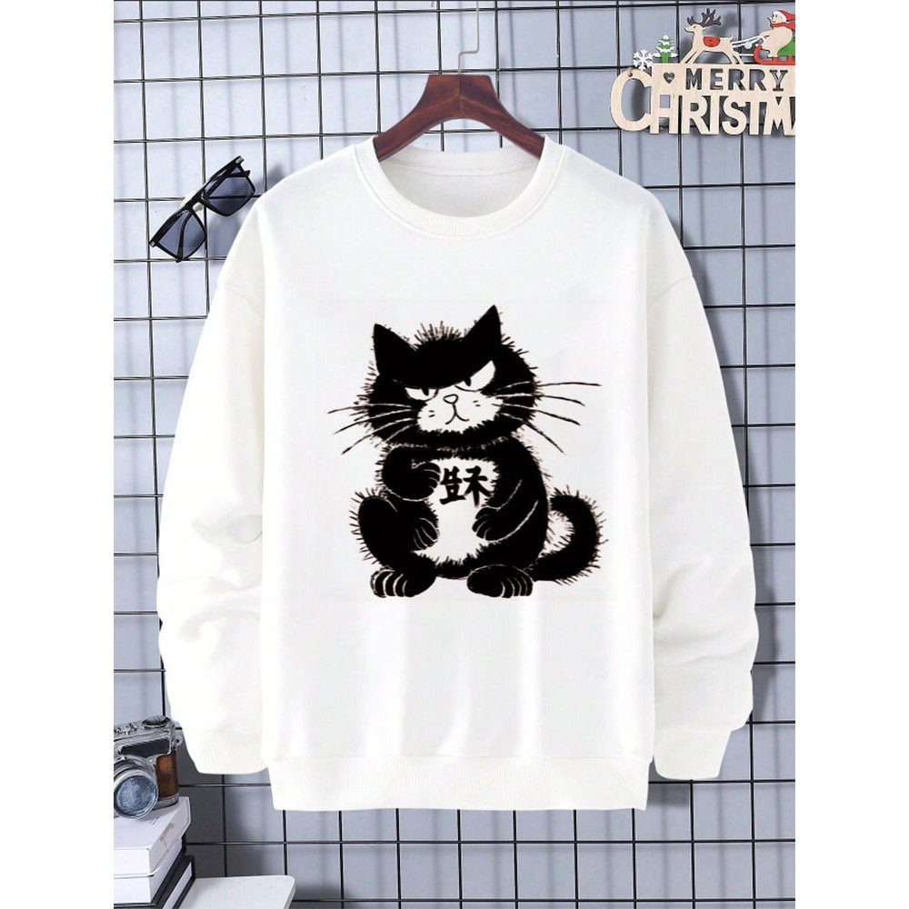 Mens Cat Graphic Crew Neck Casual Pullover Sweatshirts Winter Mens Cat Graphic Crew Neck Casual Pullover Sweatshirts Winter