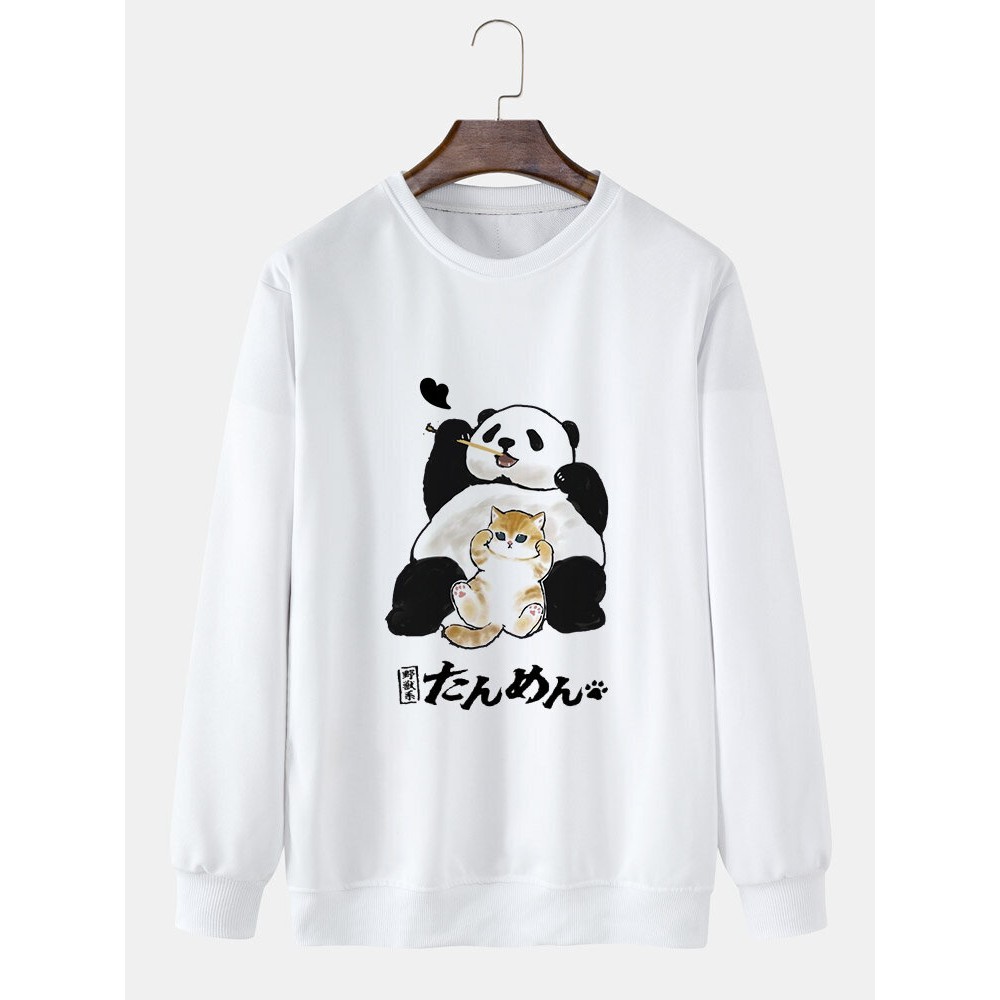 Mens Cartoon Panda Cat Print Crew Neck Pullover Sweatshirts Mens Cartoon Panda Cat Print Crew Neck Pullover Sweatshirts