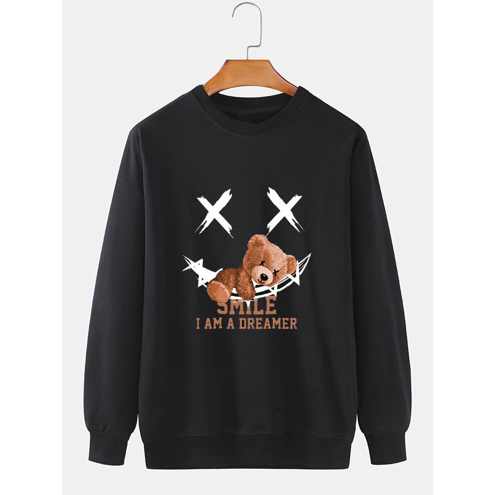 Mens Cartoon Smile Bear Print Crew Neck Pullover Sweatshirts Winter Mens Cartoon Smile Bear Print Crew Neck Pullover Sweatshirts Winter
