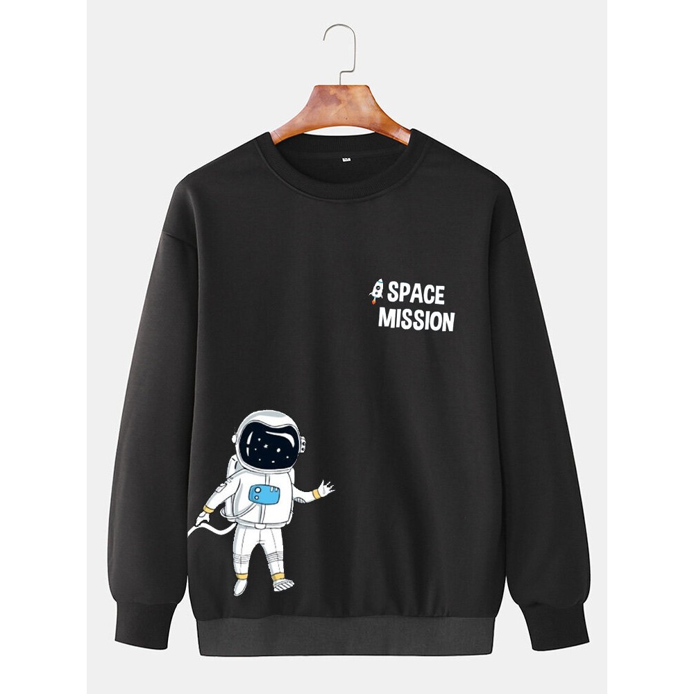 Mens Cartoon Astronaut Print Crew Neck Loose Pullover Sweatshirts Mens Cartoon Astronaut Print Crew Neck Loose Pullover Sweatshirts