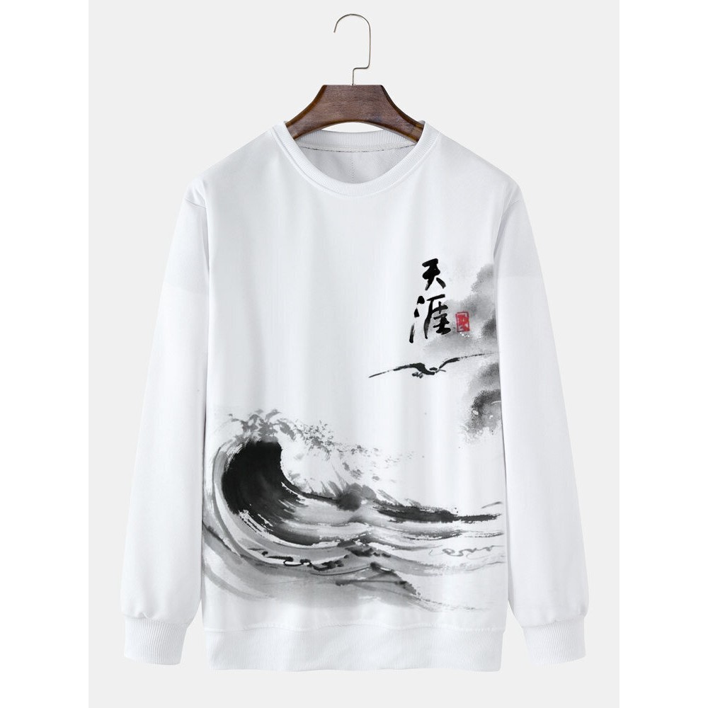 Mens Chinese Ink Painting Print Crew Neck Pullover Sweatshirts Winter Mens Chinese Ink Painting Print Crew Neck Pullover Sweatshirts Winter