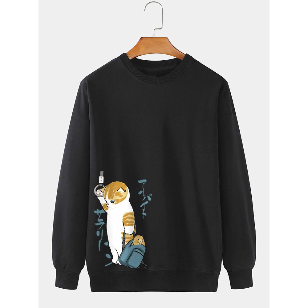 Mens Cute Cat Side Print Crew Neck Pullover Sweatshirts Mens Cute Cat Side Print Crew Neck Pullover Sweatshirts