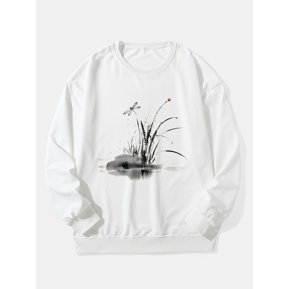 Mens Dragonfly Ink Painting Print Crew Neck Pullover Sweatshirts Winter Mens Dragonfly Ink Painting Print Crew Neck Pullover Sweatshirts Winter