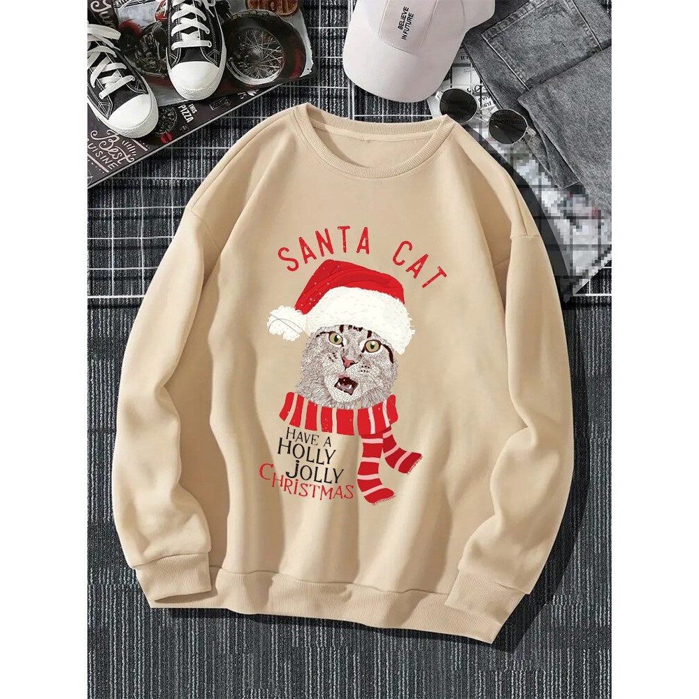 Mens Christmas Cat Letter Print Crew Neck Pullover Sweatshirts Winter Mens Christmas Cat Letter Print Crew Neck Pullover Sweatshirts Winter