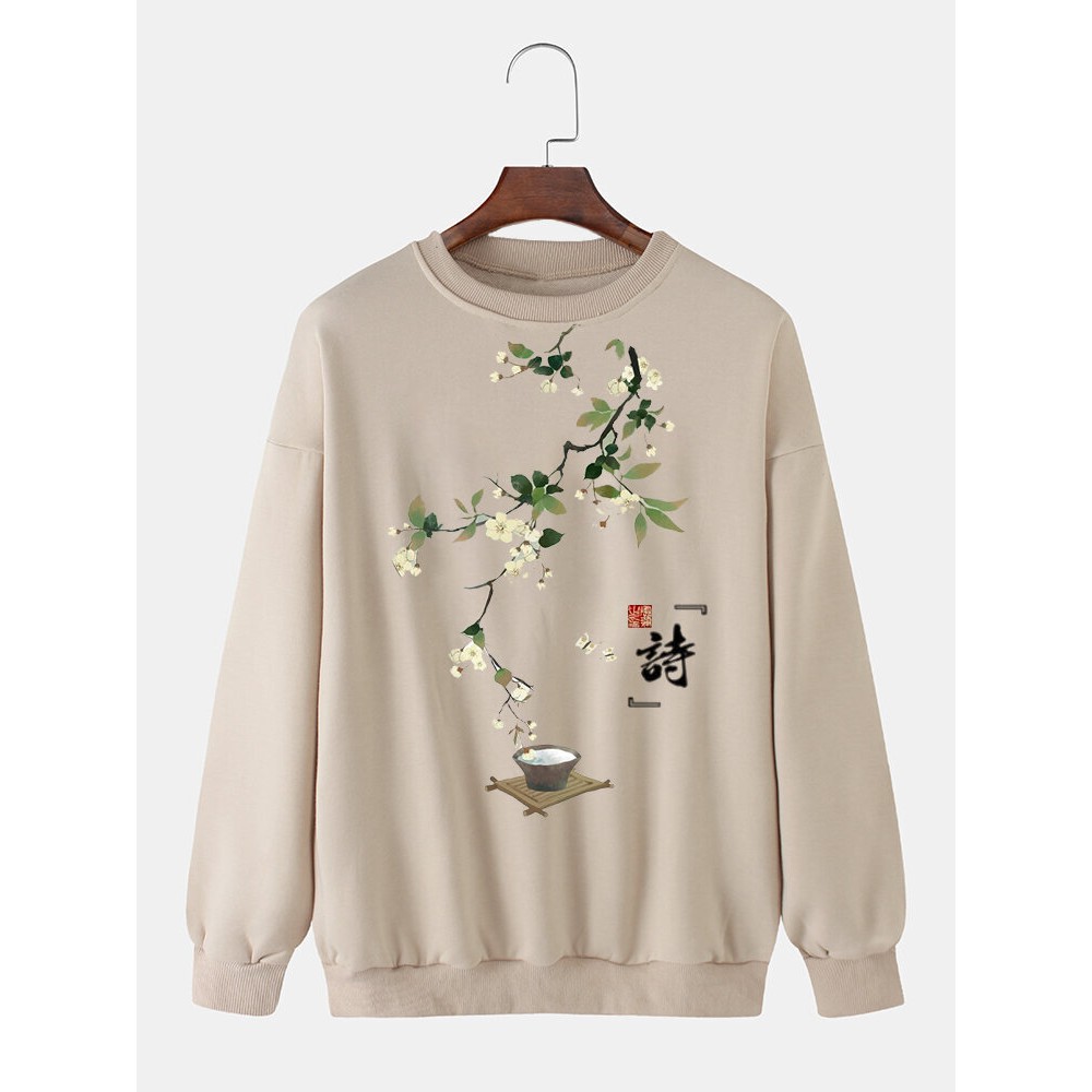 Mens Chinese Style Floral Print Crew Neck Pullover Sweatshirts Winter Mens Chinese Style Floral Print Crew Neck Pullover Sweatshirts Winter