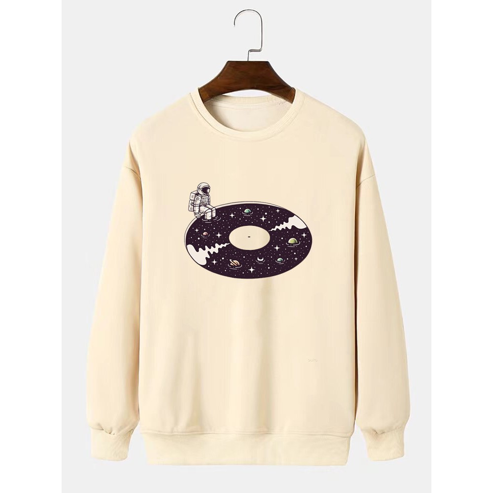 Mens Cartoon Astronaut Planet Print Crew Neck Pullover Sweatshirts Mens Cartoon Astronaut Planet Print Crew Neck Pullover Sweatshirts