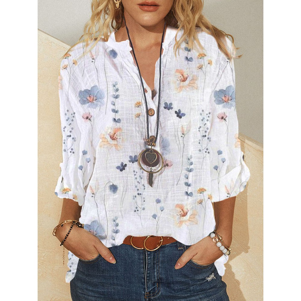 Floral Plant Print Half Button Texture Roll Up Sleeve Shirt Floral Plant Print Half Button Texture Roll Up Sleeve Shirt