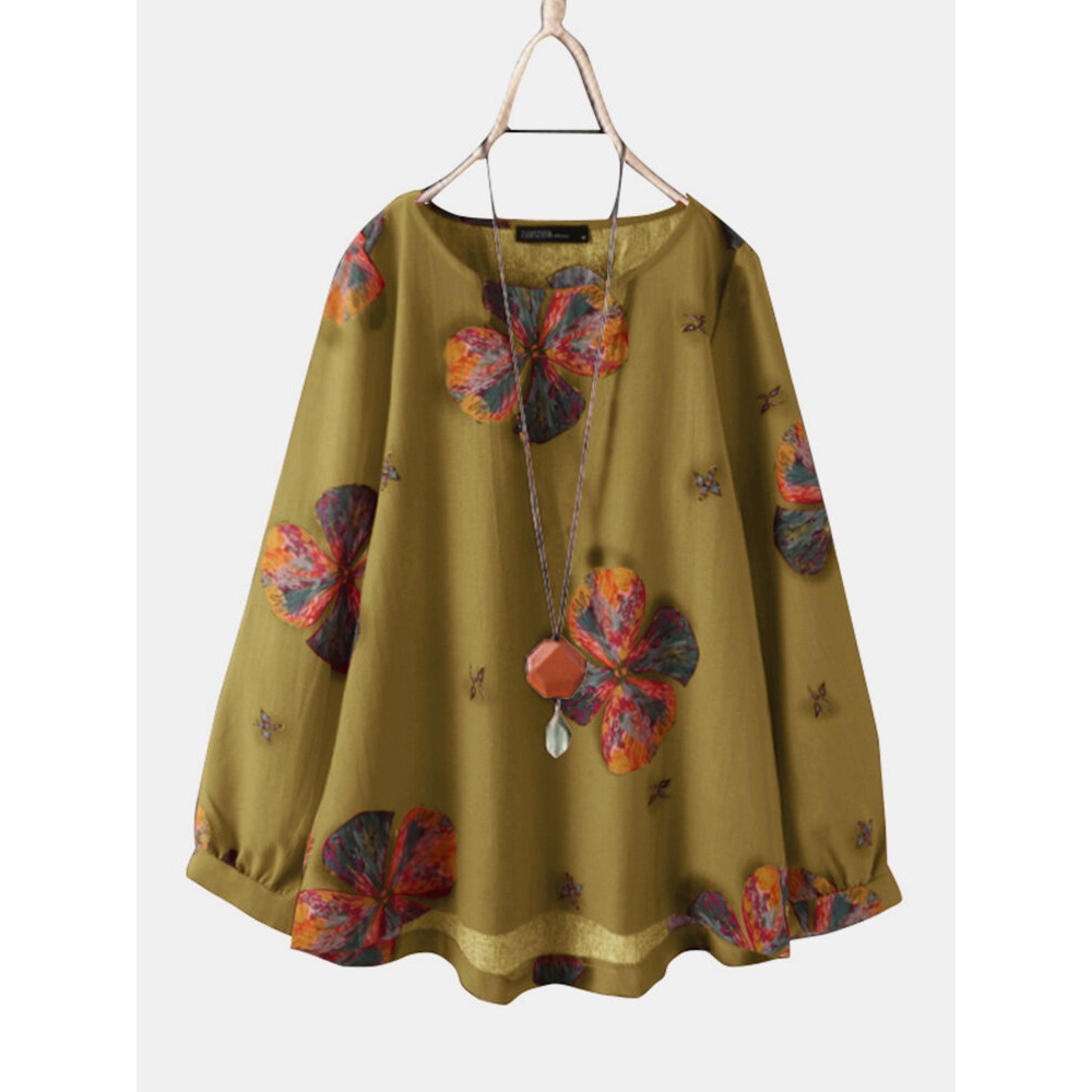 Calico Print O-neck Long Sleeve Casual Blouse For Women Calico Print O-neck Long Sleeve Casual Blouse For Women