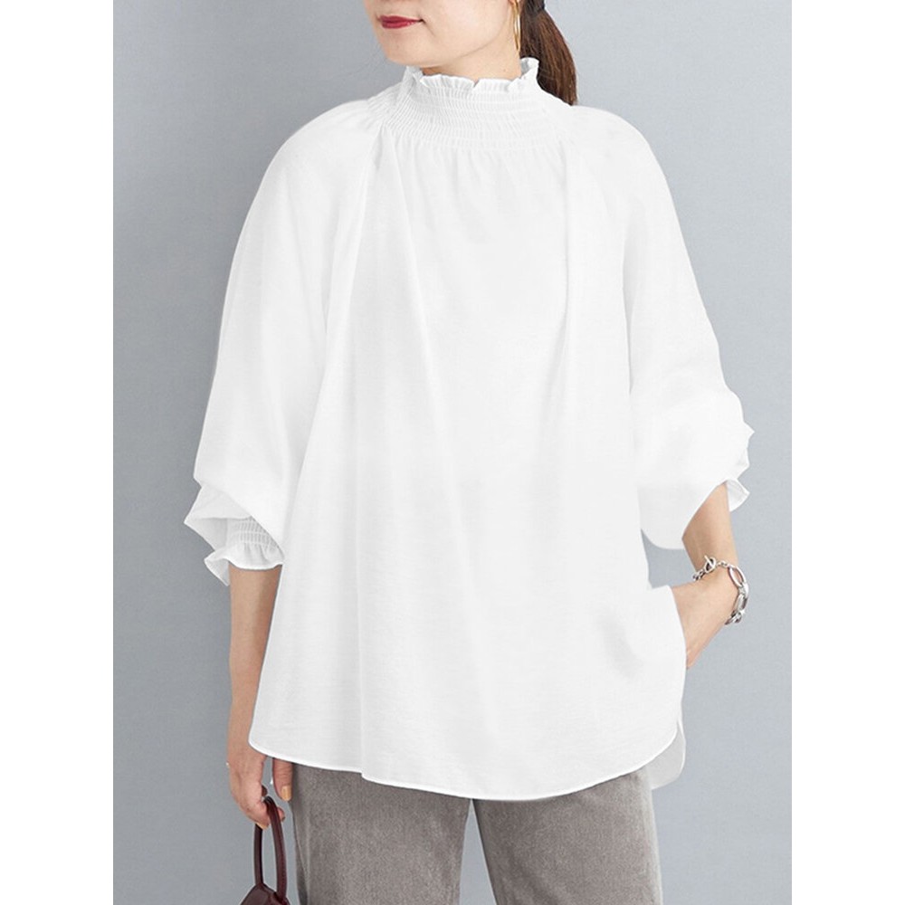 Women Solid Shirred Detail Casual Raglan Sleeve Blouse Women Solid Shirred Detail Casual Raglan Sleeve Blouse