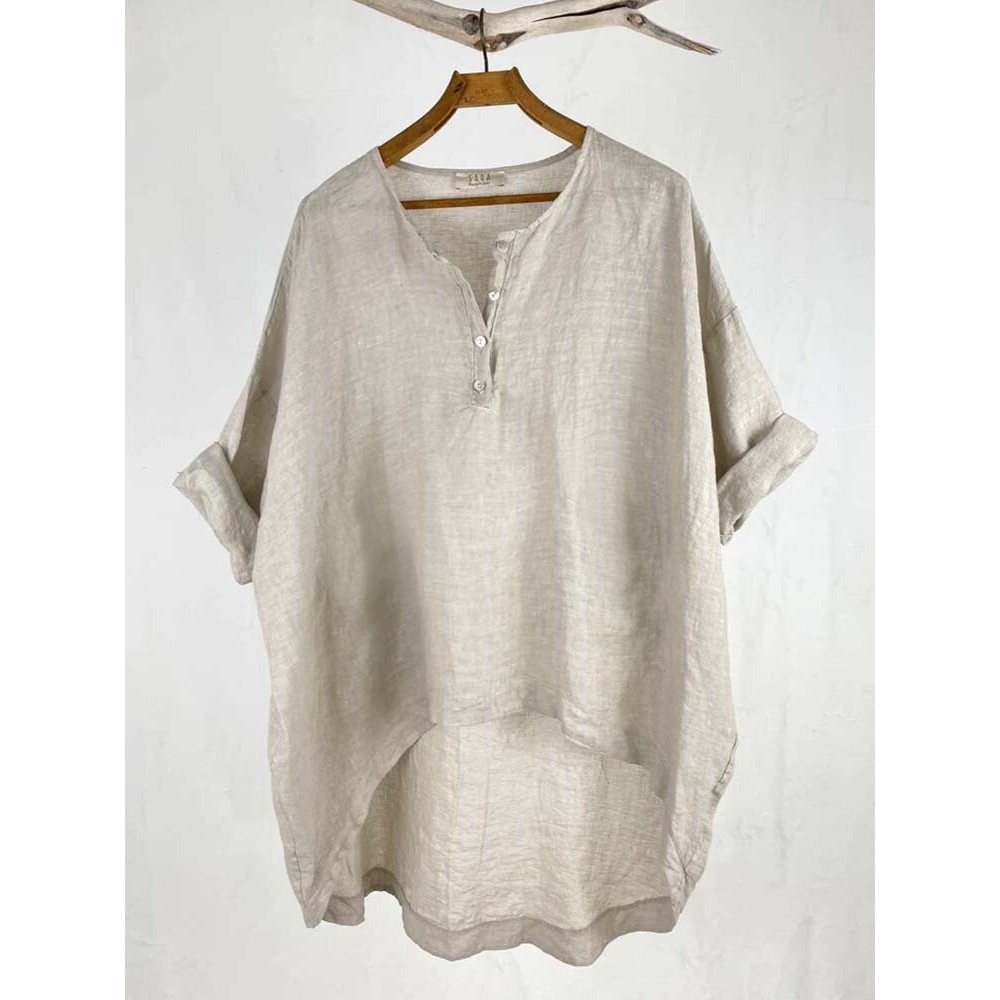 Women Solid Quarter Button High-Low Hem Cotton Blouse Women Solid Quarter Button High-Low Hem Cotton Blouse