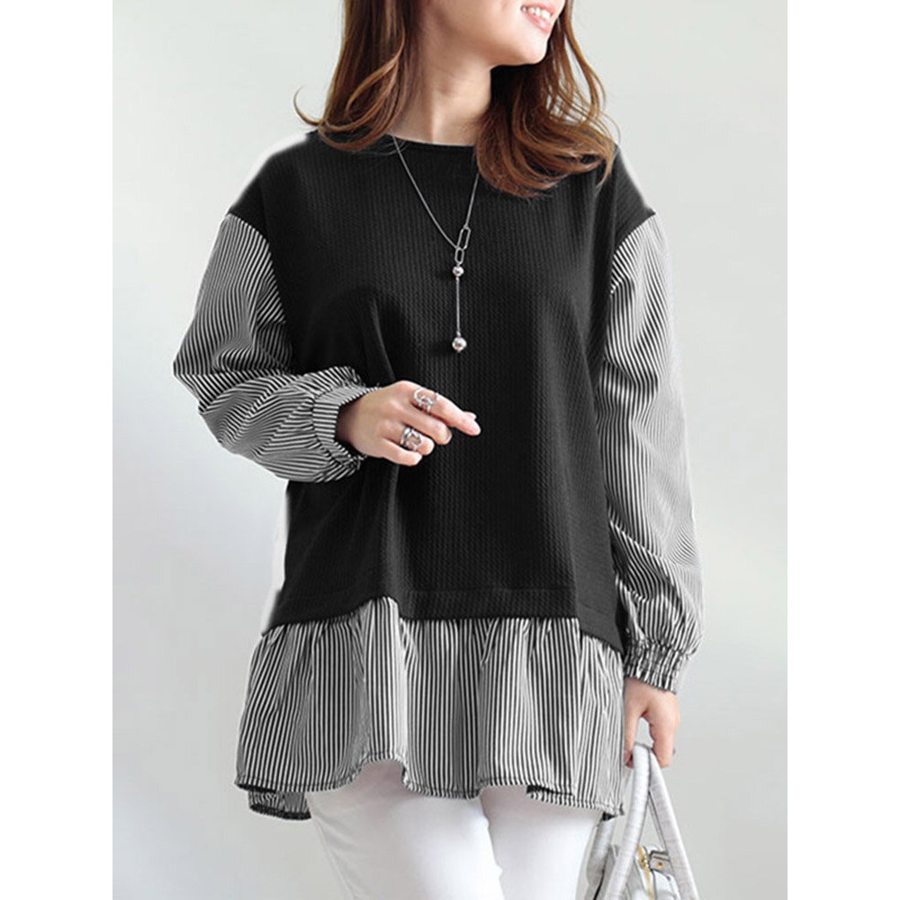 Women Stripe Patchwork Crew Neck Casual Long Sleeve Blouse Women Stripe Patchwork Crew Neck Casual Long Sleeve Blouse