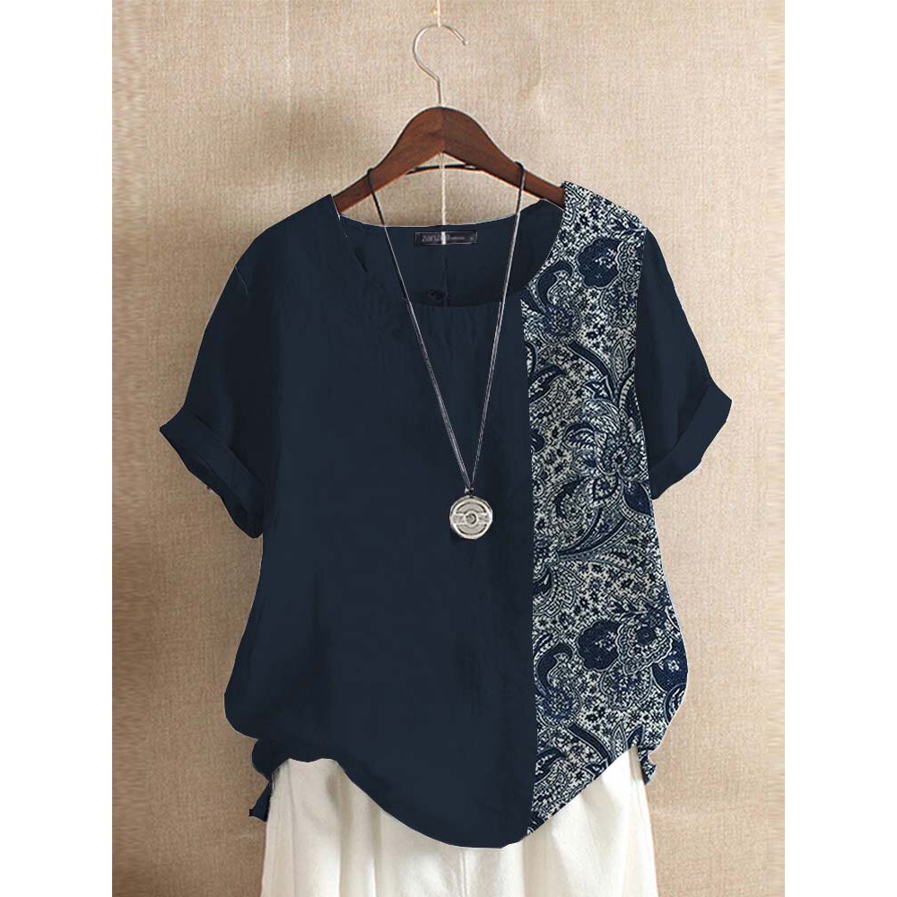 Women Ethnic Paisley Print Patchwork Cotton Short Sleeve Blouse Women Ethnic Paisley Print Patchwork Cotton Short Sleeve Blouse