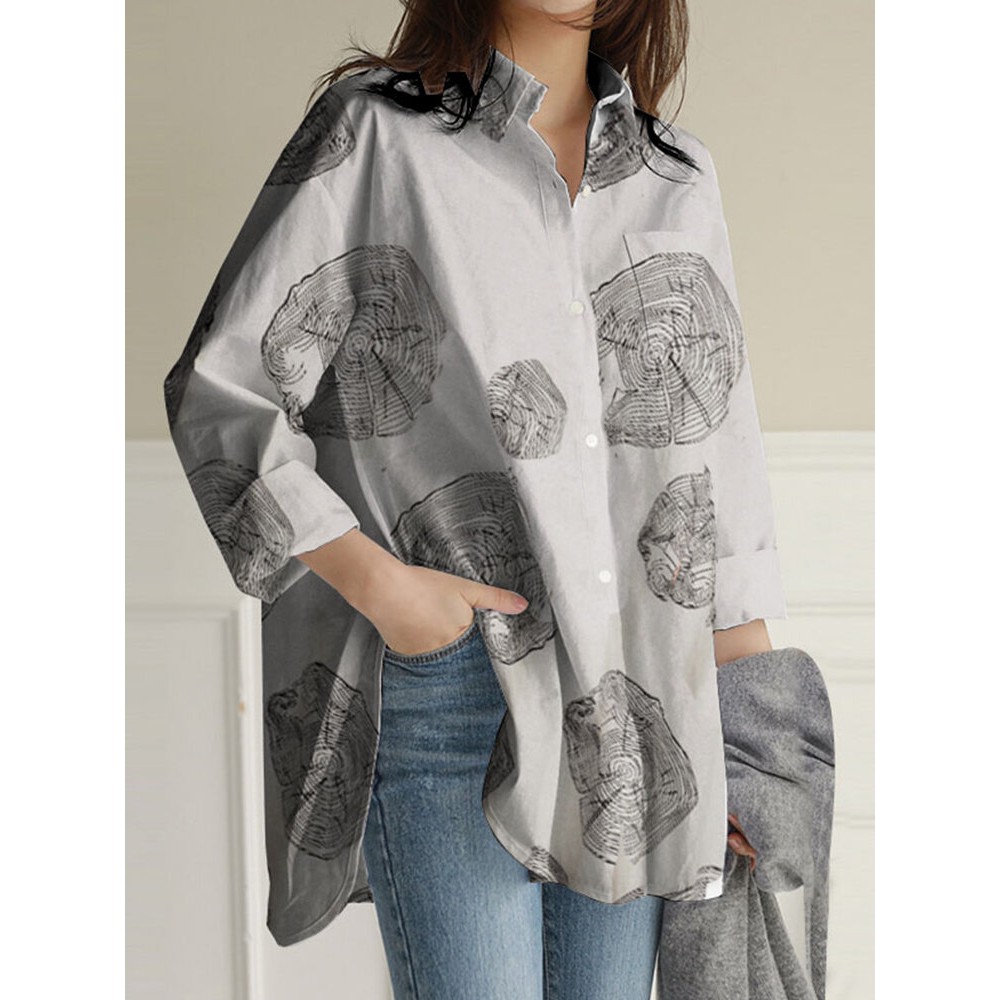 Geometry Print Long Sleeves Casual Loose Blouse With Pockets Geometry Print Long Sleeves Casual Loose Blouse With Pockets