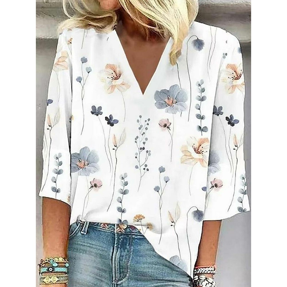Women Allover Floral Plant Print V-Neck 3/4 Sleeve Blouse Women Allover Floral Plant Print V-Neck 3/4 Sleeve Blouse