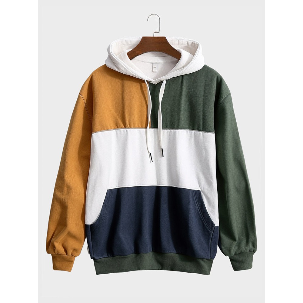 Mens Color Block Patchwork Kangaroo Pocket Loose Drawstring Hoodies Winter Mens Color Block Patchwork Kangaroo Pocket Loose Drawstring Hoodies Winter