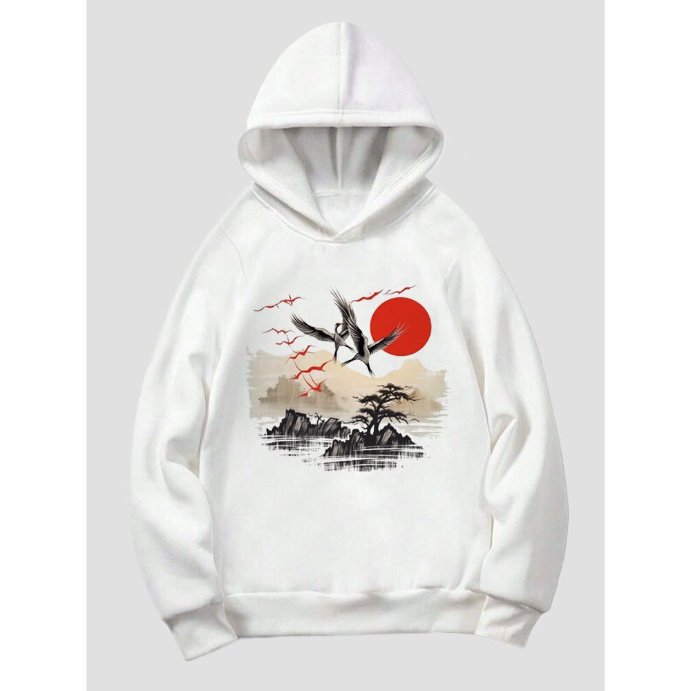 Mens Chinese Style Crane Landscape Print Long Sleeve Hoodies Winter Mens Chinese Style Crane Landscape Print Long Sleeve Hoodies Winter