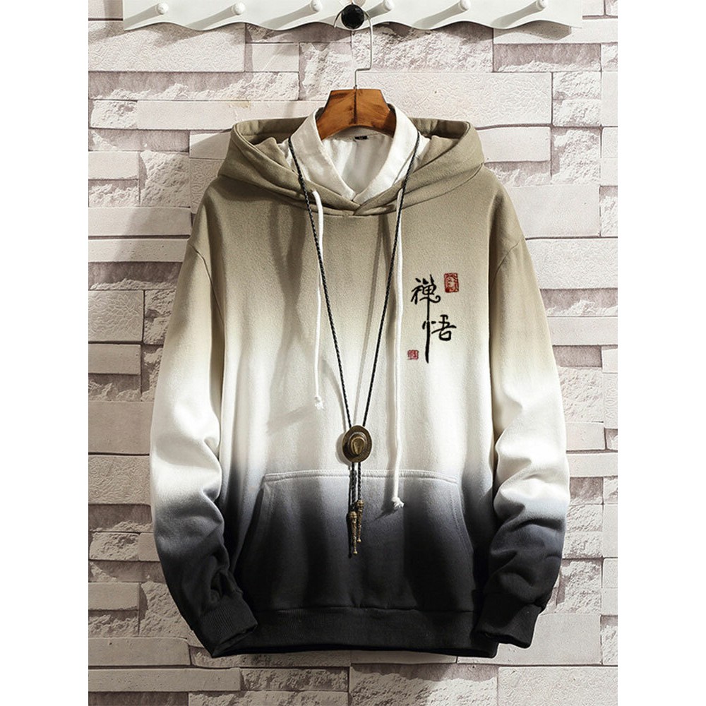 Mens Chinese Character Ombre Print Loose Drawstring Hoodies Winter Mens Chinese Character Ombre Print Loose Drawstring Hoodies Winter