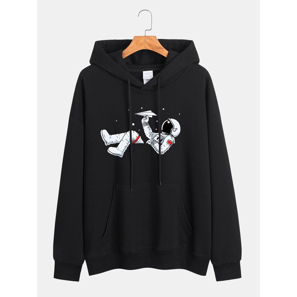 Mens Cartoon Astronaut Print Kangaroo Pocket Drawstring Hoodies Mens Cartoon Astronaut Print Kangaroo Pocket Drawstring Hoodies