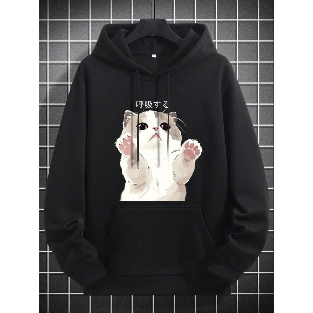 Mens Cartoon Cat Print Kangaroo Pocket Drawstring Hoodies Winter Mens Cartoon Cat Print Kangaroo Pocket Drawstring Hoodies Winter