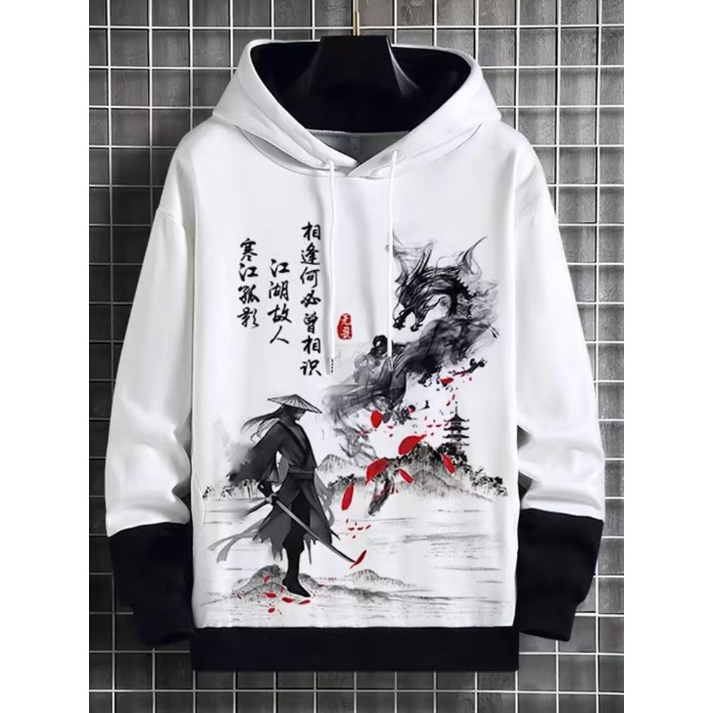 Mens Chinese Figure Landscape Print Patchwork Drawstring Hoodies Winter Mens Chinese Figure Landscape Print Patchwork Drawstring Hoodies Winter