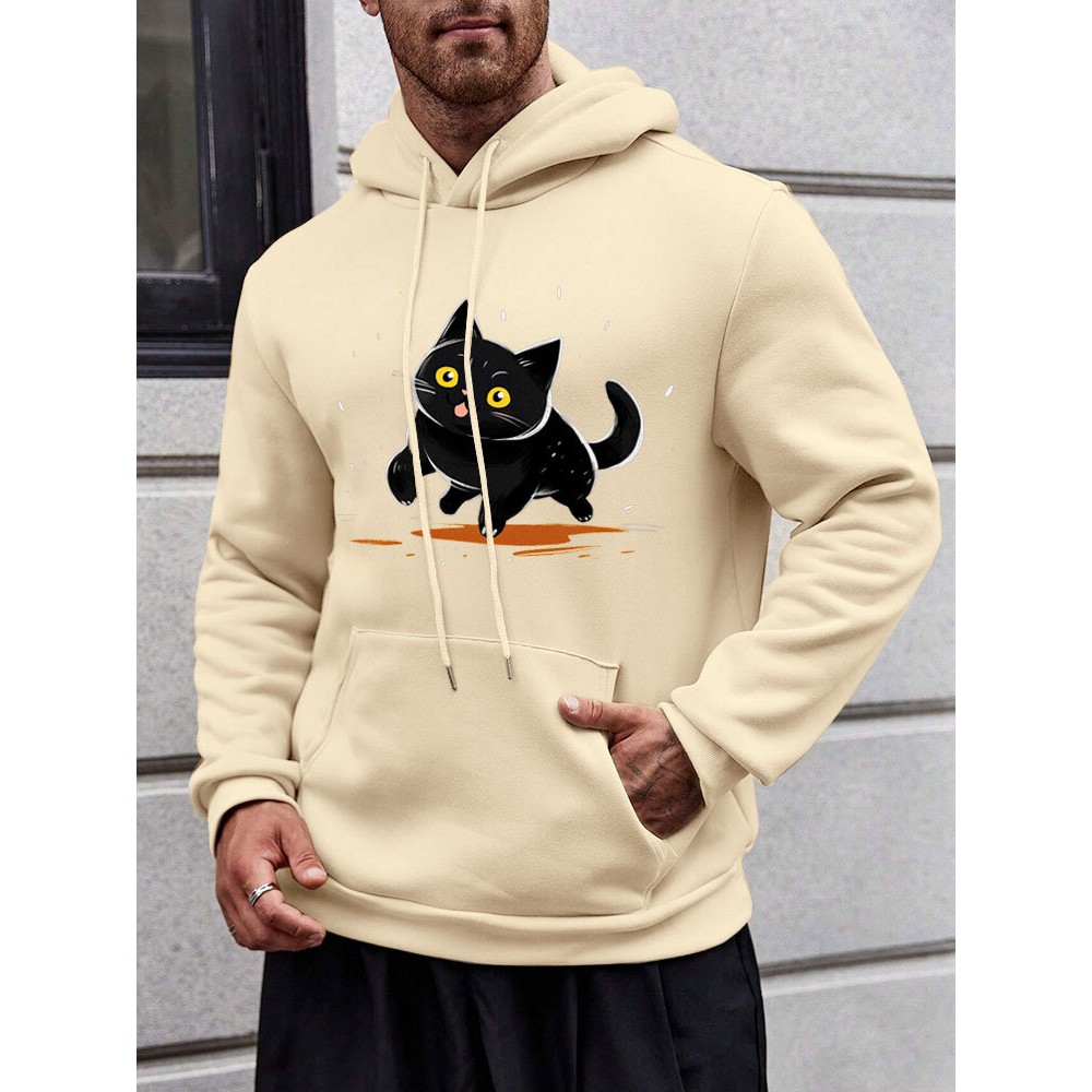 Mens Cartoon Cat Print Kangaroo Pocket Loose Drawstring Hoodies Winter Mens Cartoon Cat Print Kangaroo Pocket Loose Drawstring Hoodies Winter