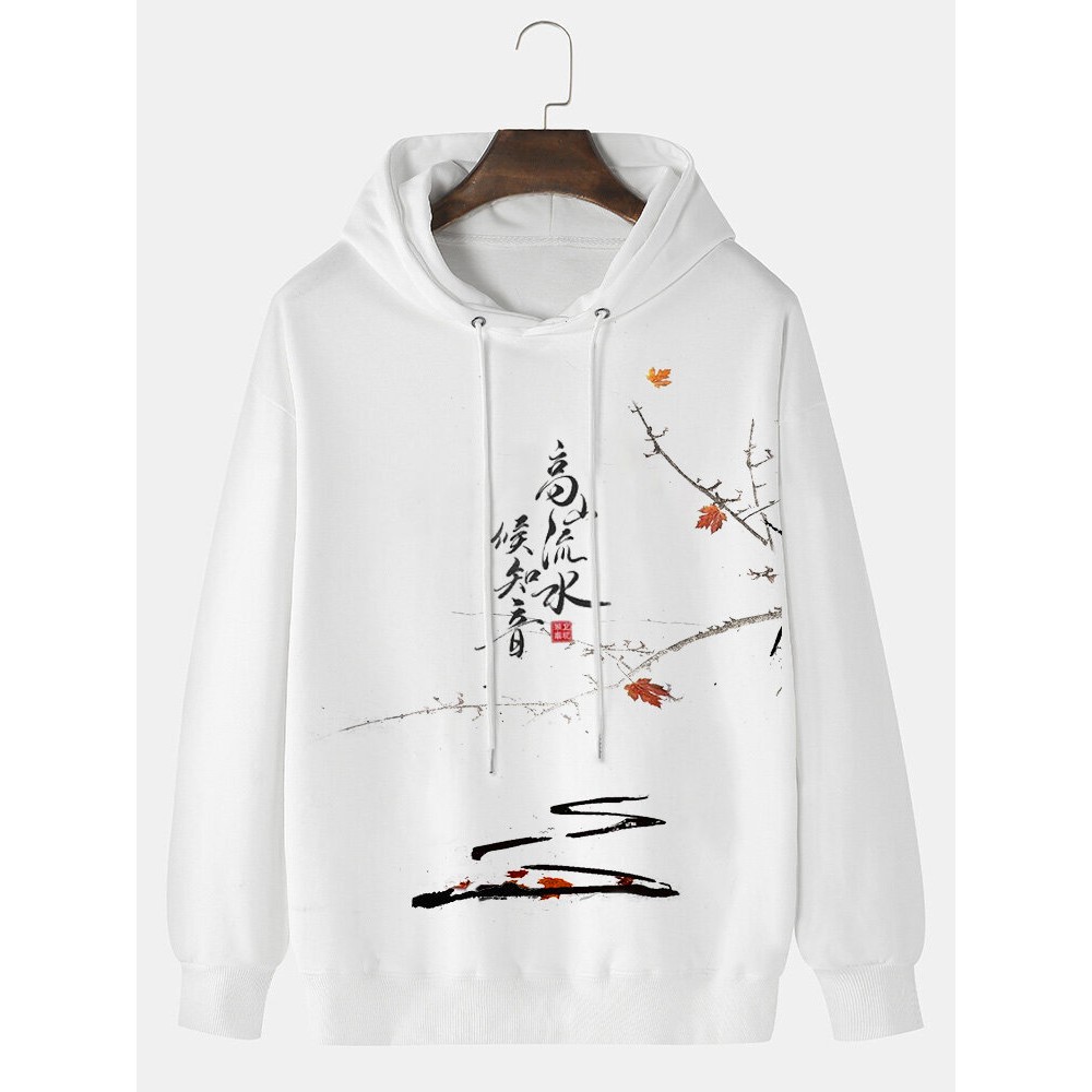 Mens Chinese Character Ink Print Loose Drawstring Hoodies Winter Mens Chinese Character Ink Print Loose Drawstring Hoodies Winter