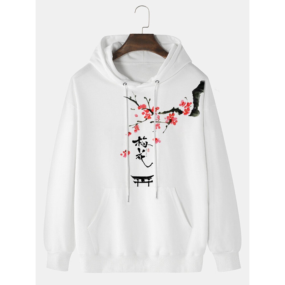 Mens Chinese Plum Bossom Print Kangaroo Pocket Drawstring Hoodies Winter Mens Chinese Plum Bossom Print Kangaroo Pocket Drawstring Hoodies Winter