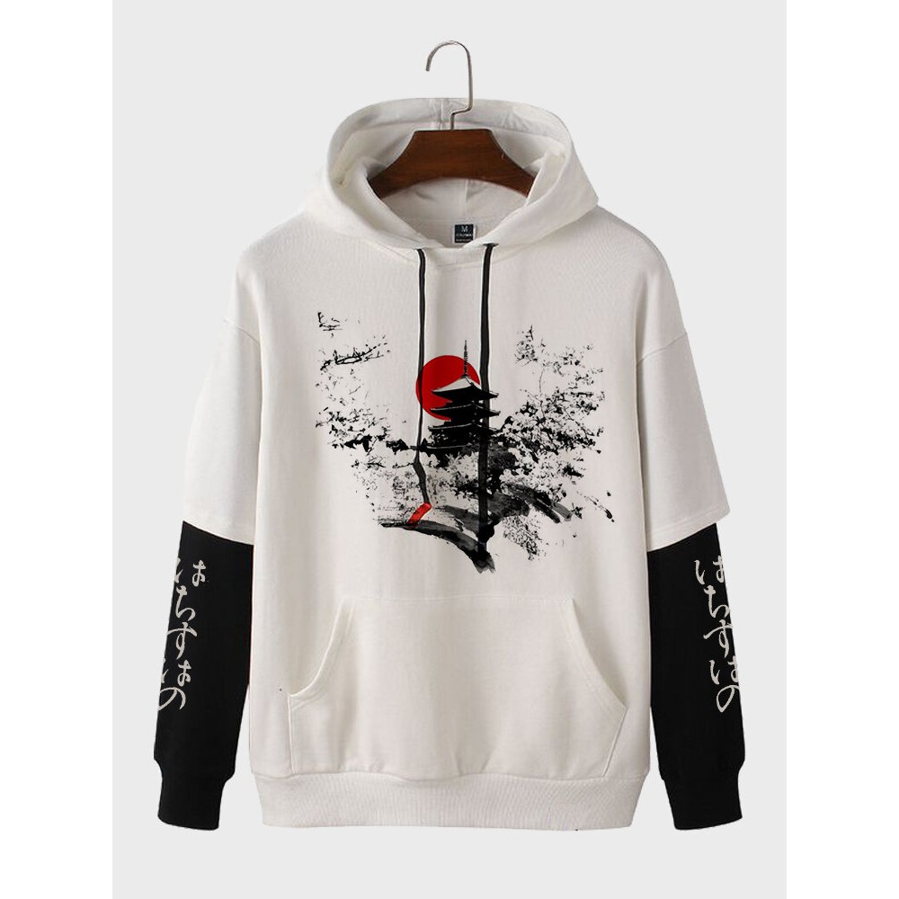 Mens Japanese Landscape Print Contrast Patchwork Drawstring Hoodies Winter Mens Japanese Landscape Print Contrast Patchwork Drawstring Hoodies Winter