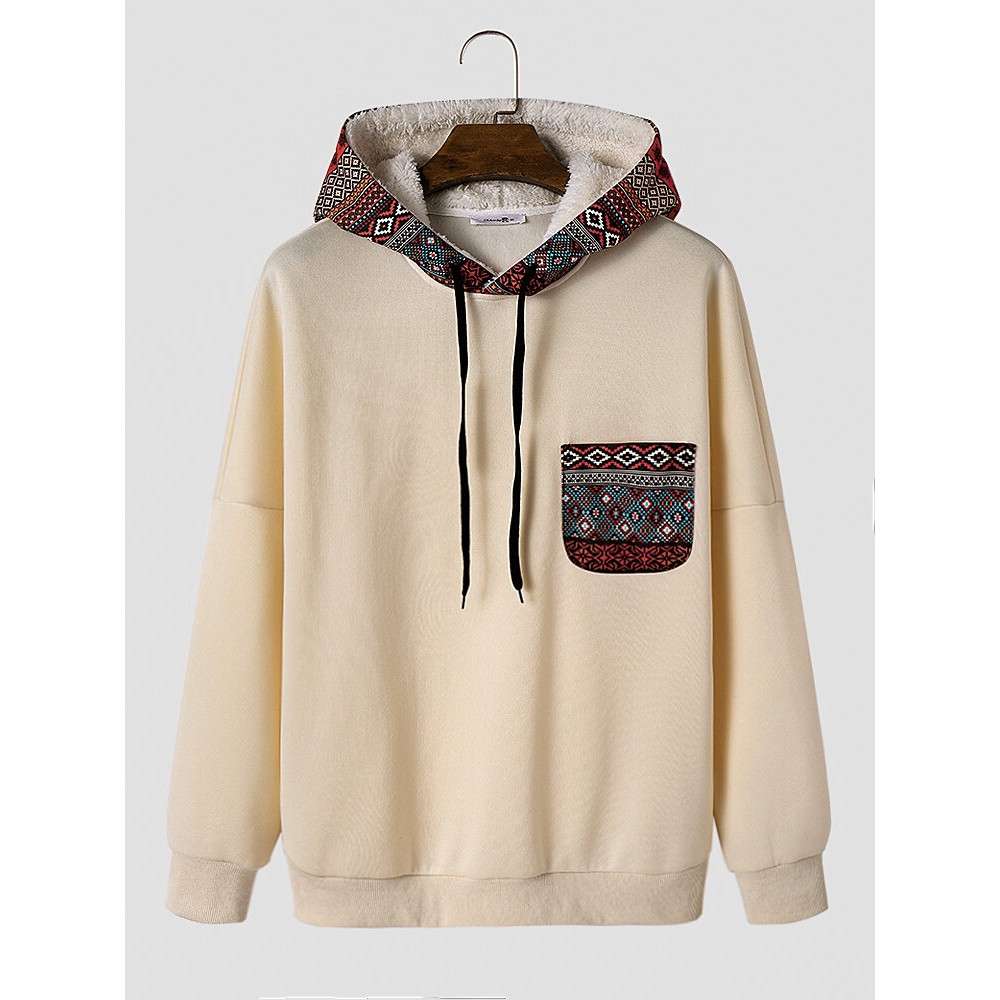 Mens Ethnic Geometric Print Chest Pocket Plush Lined Drawstring Hoodies Mens Ethnic Geometric Print Chest Pocket Plush Lined Drawstring Hoodies